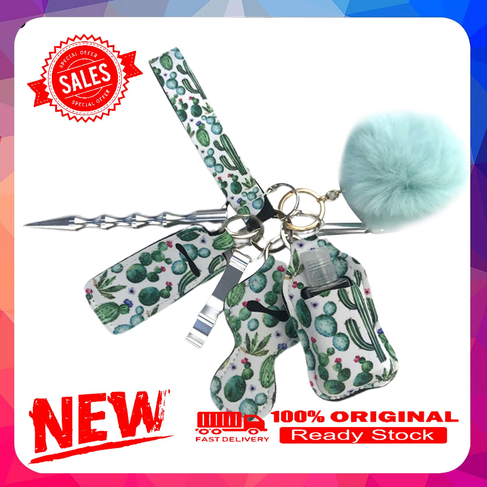 10Pcs/Set Women Keyring Set Pompom Protective Portable Emergency Wristlet Keychain Kit for Gift