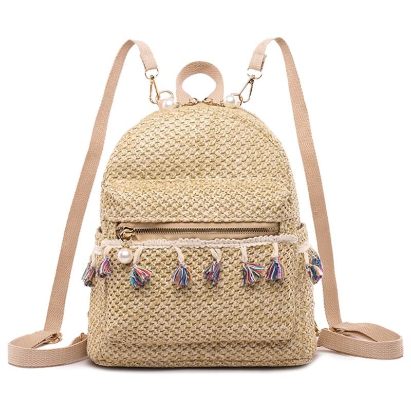 Portable Weave Straw Backpacks Women Girls Tassel Casual Travel Shoulder Schoolbag Ladies Simple Large Capacity Knapsack