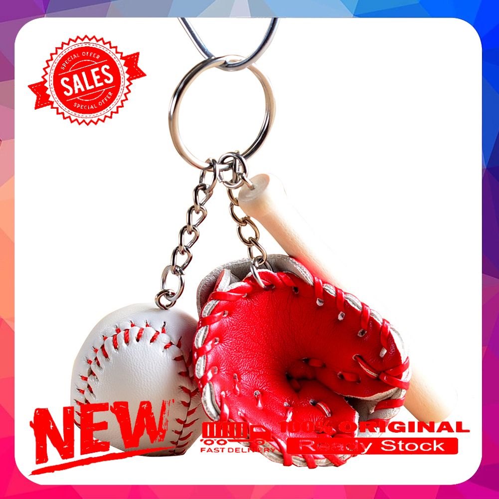 Modern Jewelry Mini Baseball Bat Glove Set Faux Leather Wood Key Chain Keyring