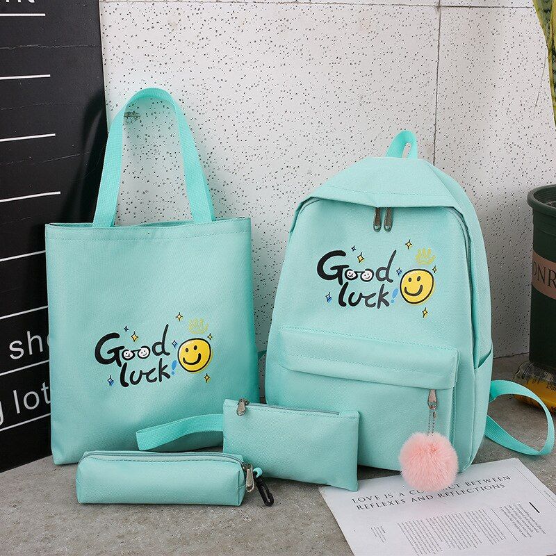 4Pcs/Set Canvas Backpack Set Letter Printing Shoulder Bag + Ladies Backpack + Pencil Bag + Travel Bag