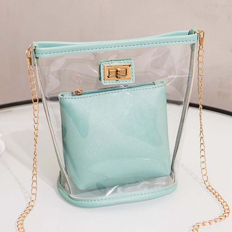 Women PVC Transparent Summer Beach Bag Set Clear Jelly Purse Clutch Tote PU Leather Solid Chain Hasp Crossbody Messenger Bags