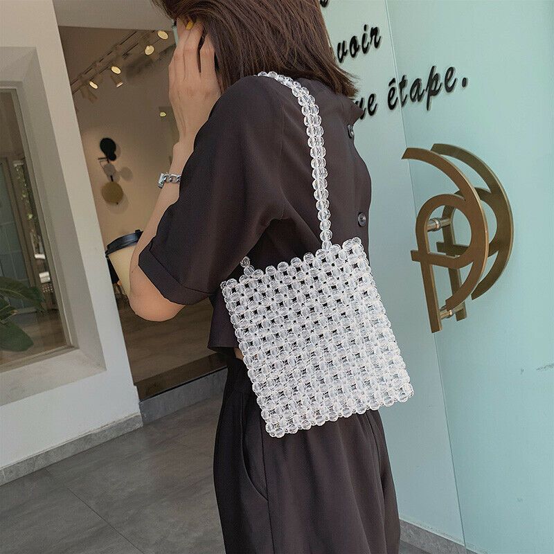 Womens Beaded Pearl Handmade Luxury Weave Hand Crystal Evening Clutch Ladies handbag