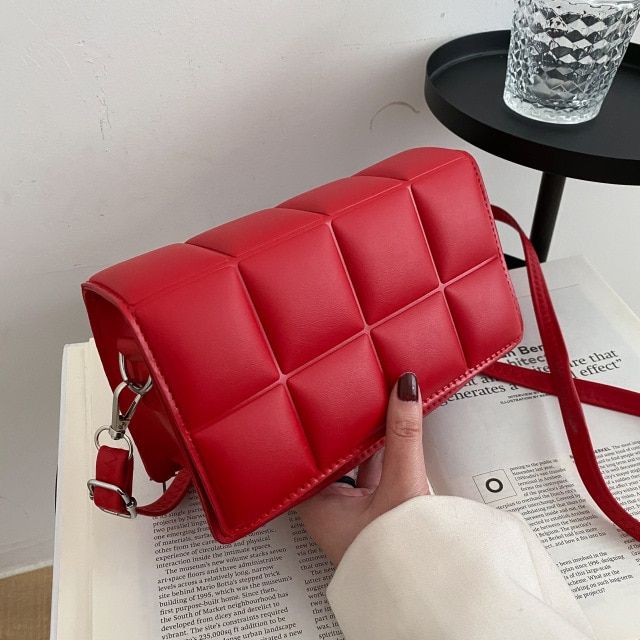 Simple Shoulder Bag Women PU leather Plaid Crossbody Bag Designer Small Square Bag Solid Color Messenger Bag Handbag(20.5x7x12cm,)