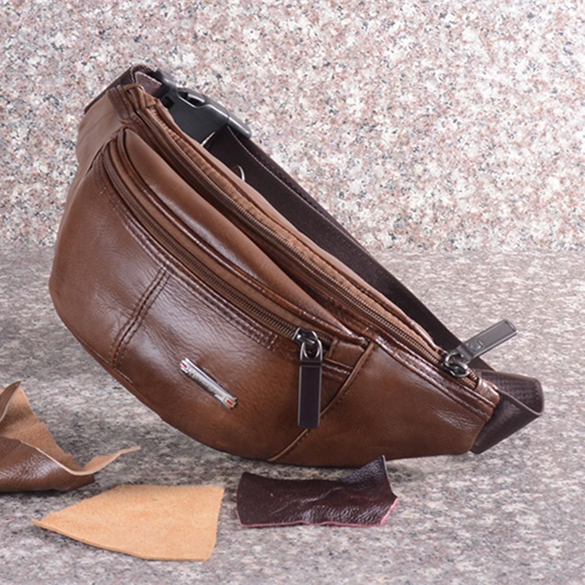 Men Leather Waist Bag Pouch Pocket Fanny Bum Shoulder Chest Bags Outdoor Pack # Brown