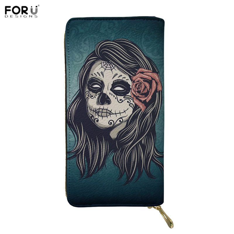 FORUDESIGNS Sugar Skull Girl and Rose Print Women Wallets Long Leather Purse for Female Zipper Card Holder Clutch Bags carteira