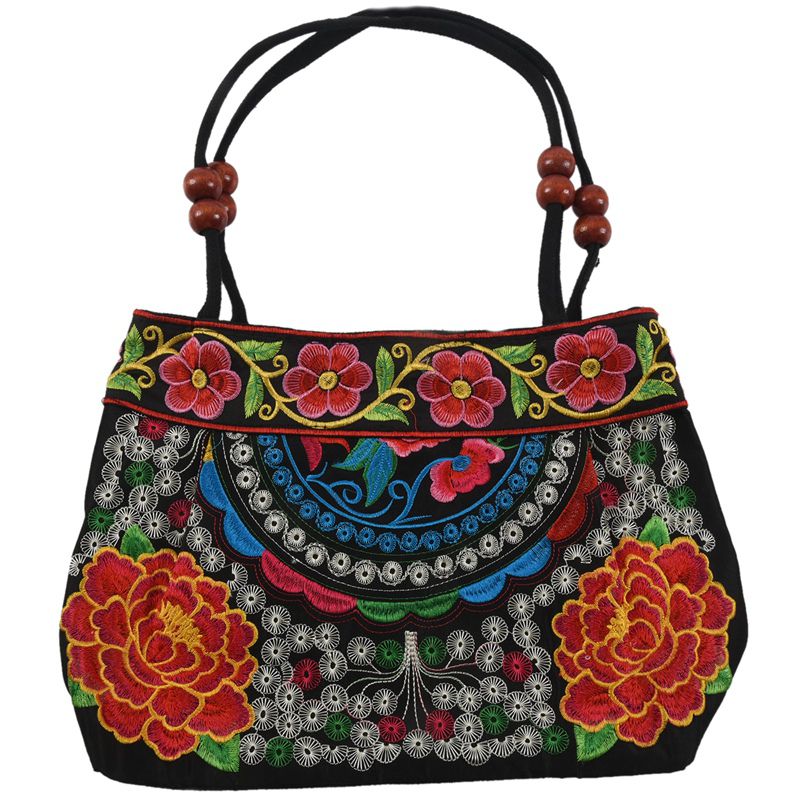 Chinese Style Women Handbag Embroidery Ethnic Summer Fashion Handmade Flowers Ladies Tote Shoulder Bags Cross-body （Red Double Peony）