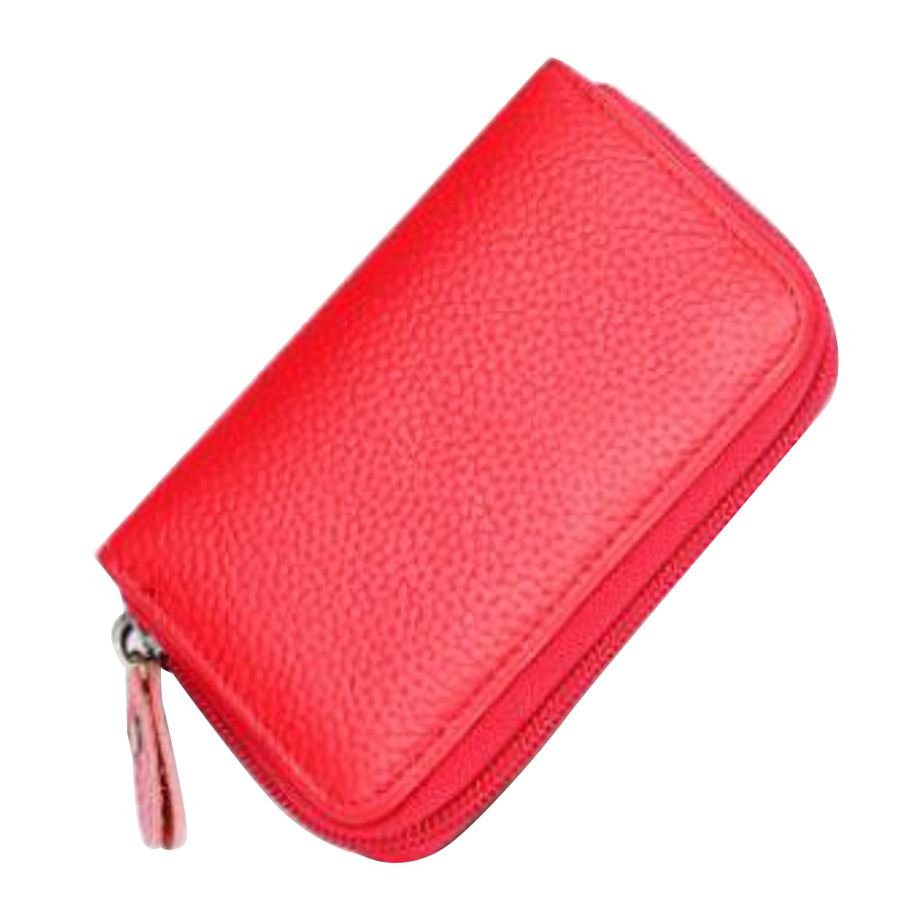 the First Layer of Cowhide Change Card Holder, Soft Leather Card Holder, Multifunctional Portable ID Card Holder--Red