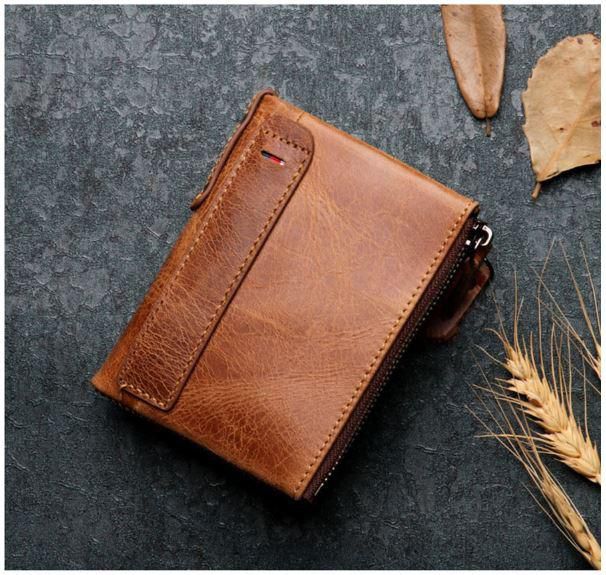 Brown Double Zip Coin Leather Wallet for Men