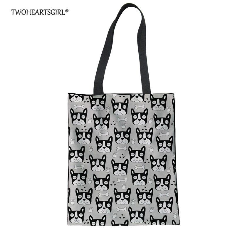 Twoheartsgirl Black French Bulldog Print Shoulder Canvas Tote Beach for Women Cute Stylish Shopping Hands Ladies handbag
