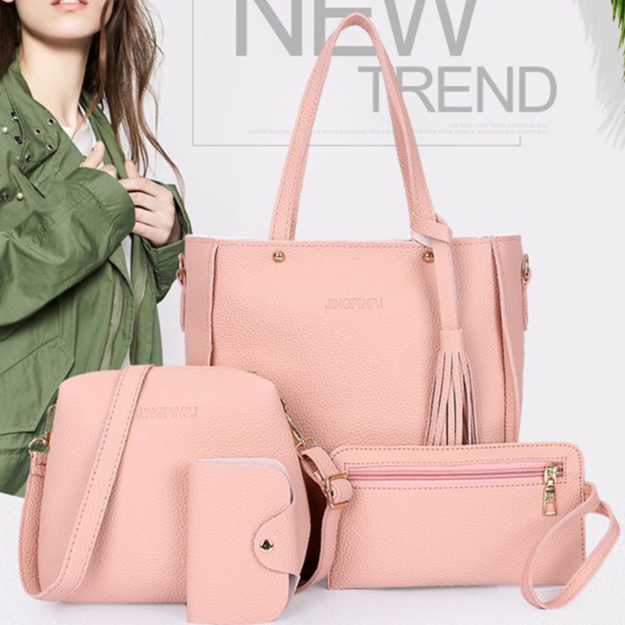 4Pcs Women Tassel Solid Color Faux Leather Shoulder Messenger Bag Wallet Handbag