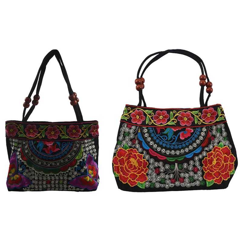 2 Pcs Chinese Style Women Handbag Embroidery Ethnic Handmade Flowers Ladies Tote, Purple Butterfly & Red Double Peony