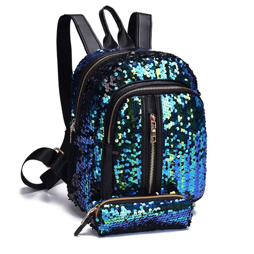2 pcs/Set Fashion Girl Sequins School Bag Travel Shoulder Bag+Clutch PU femal shoulder bags Fashion Preppy Style #YL5