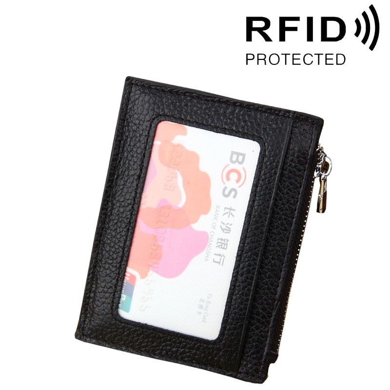 Cowhide Leather Solid Color Zipper Card Holder Wallet RFID Blocking Card Bag Protect Case Coin Purse