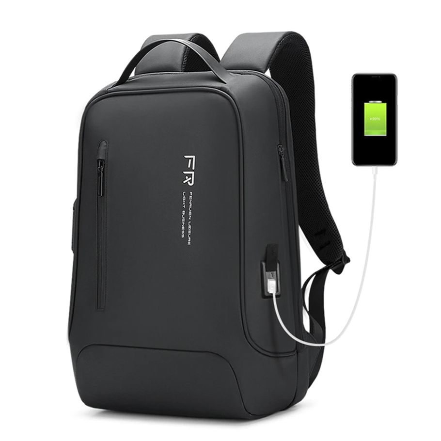 Fenruien 7168 Premium Quality Waterproof Laptop Business And Travel Backpack With External USB Charging Port (Black)