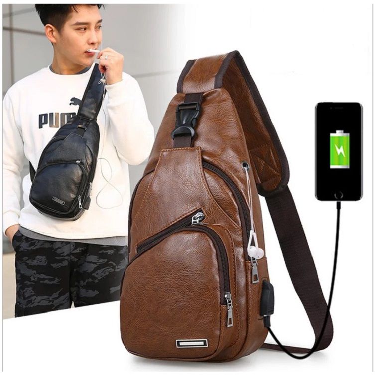 Multicolor Men's Custom Waterproof PU Leather Men Crossbody Chest bag with USB charging port Casual Chest bag
