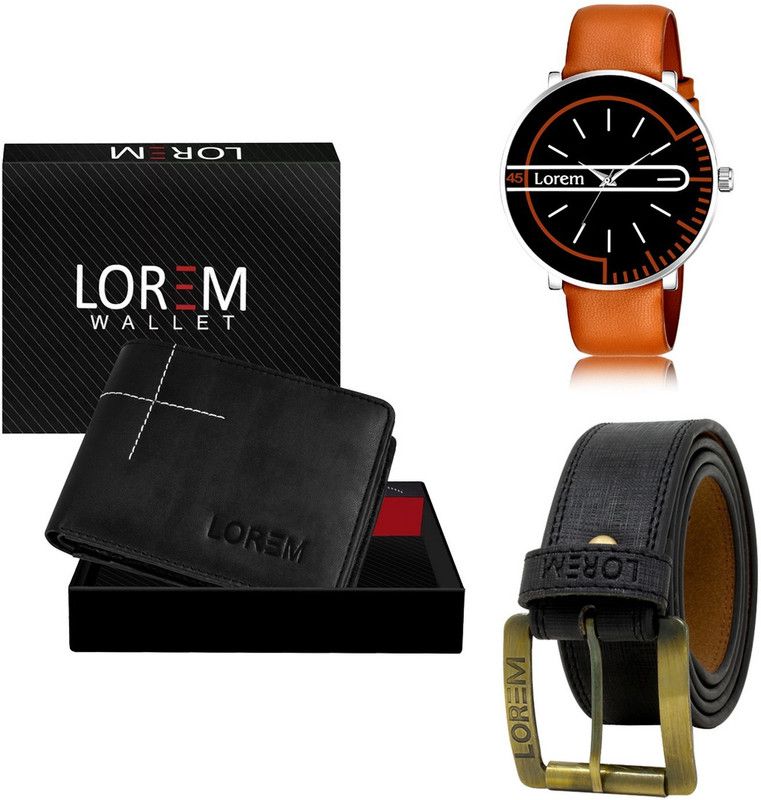 LOREM Belt, Wallet & Watch Combo  (Black, Black, Orange)