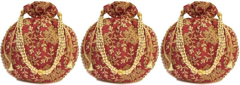 Girls Maroon, Gold Potli  (Pack of 3)