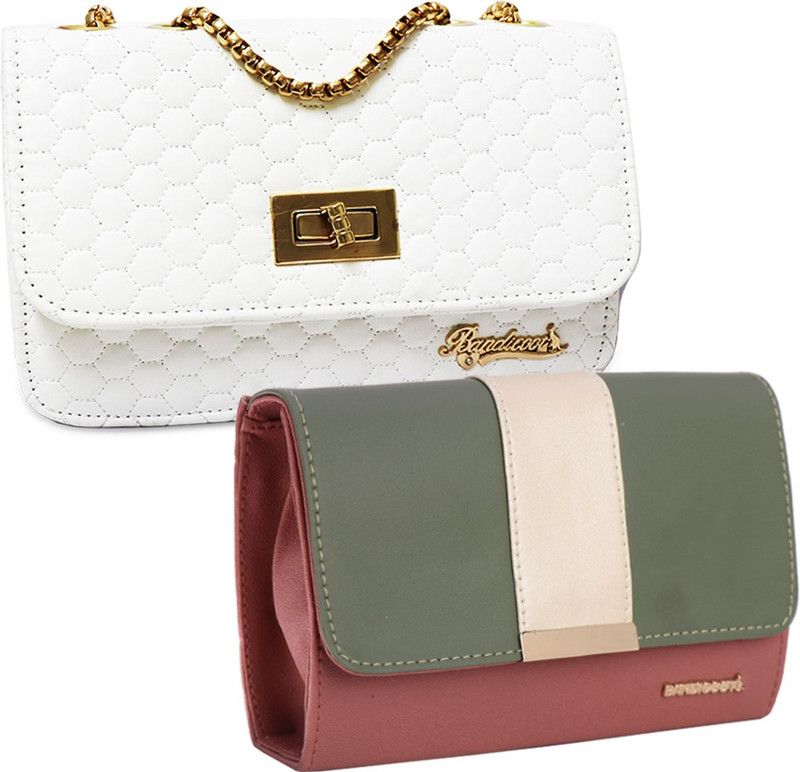White, Green Sling Bag Women Cross body Chain Sling bag - White & Green,Peach  (Pack of 2)