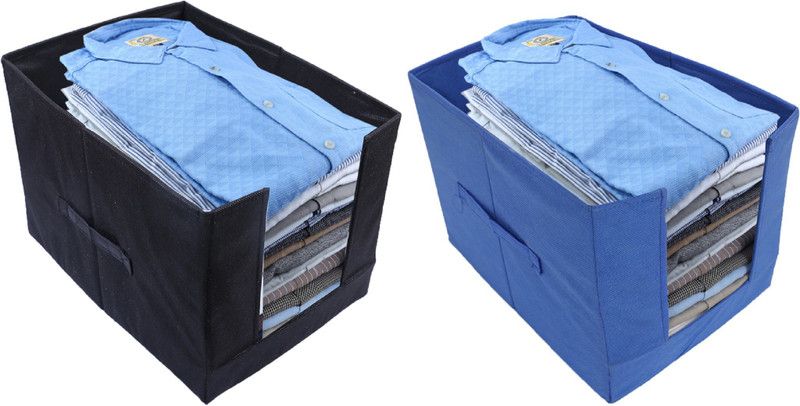 KUBER INDUSTRIES Shirt Cover Non Woven 2 Pieces Shirt Stacker Wardrobe Organizer (Black & Blue)-CTKTC5567 CTKTC05567  (Multicolor)