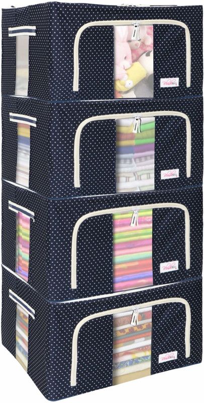 BlushBEES Living Box - Wardrobe Organizer, Cloth Storage Bags with Zip - 55 Litre, Pack of 4, Polka Dots Blue (AR1308-BLU)  (Blue)