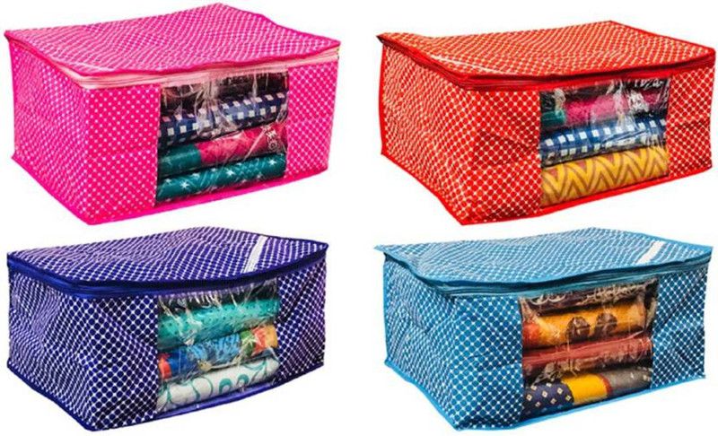 Fashion Bizz 4 Pieces Quilted Polka Dots Cotton Saree Cover, (40*30*20 cm)  (Purple, Pink, Red, Blue)