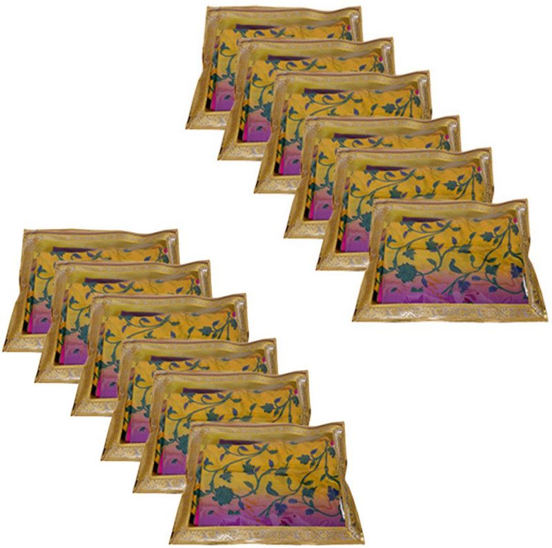 PRETTY KRAFTS Saree Cover Single (Set of 12) with lace Borders, Saree Organiser,Clothes Packing Cover, Keep Sarees Safe_Blue Saree Cover B1137_GoldenYellow12  (GoldenYellow)