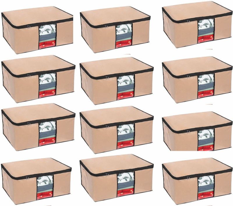 For Wardrobe Organizer Blanket Cover With Transparent Window And Side Handles|Blanket Organizer (Pack Of 12, Beige) Blanket Organizer|Rectangular Underbed Blanket Storage Bag For  (Beige)
