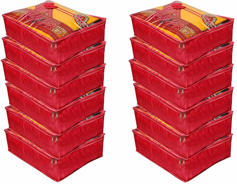 atorakushon Set of 12 Saree Cover Clothes Storage Bag Wardrobe Garments atSatin Tp Saree Pack 12 Mrn  (Maroon)