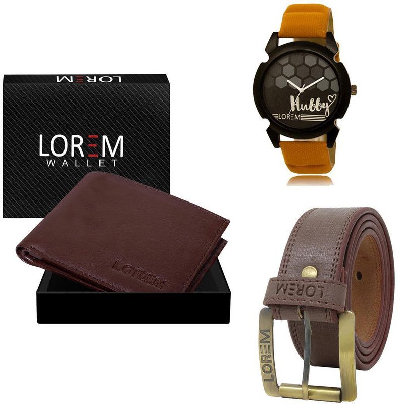 LOREM Belt, Wallet & Watch Combo  (Brown, Orange)