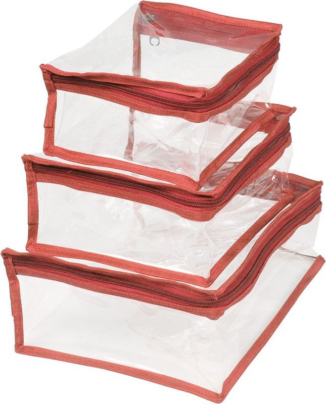 PrettyKrafts 3 pcs combo set of PVC Pouches for Cosmetics, Stationery, Medicines, Multi Purpose pouch,  (Red)