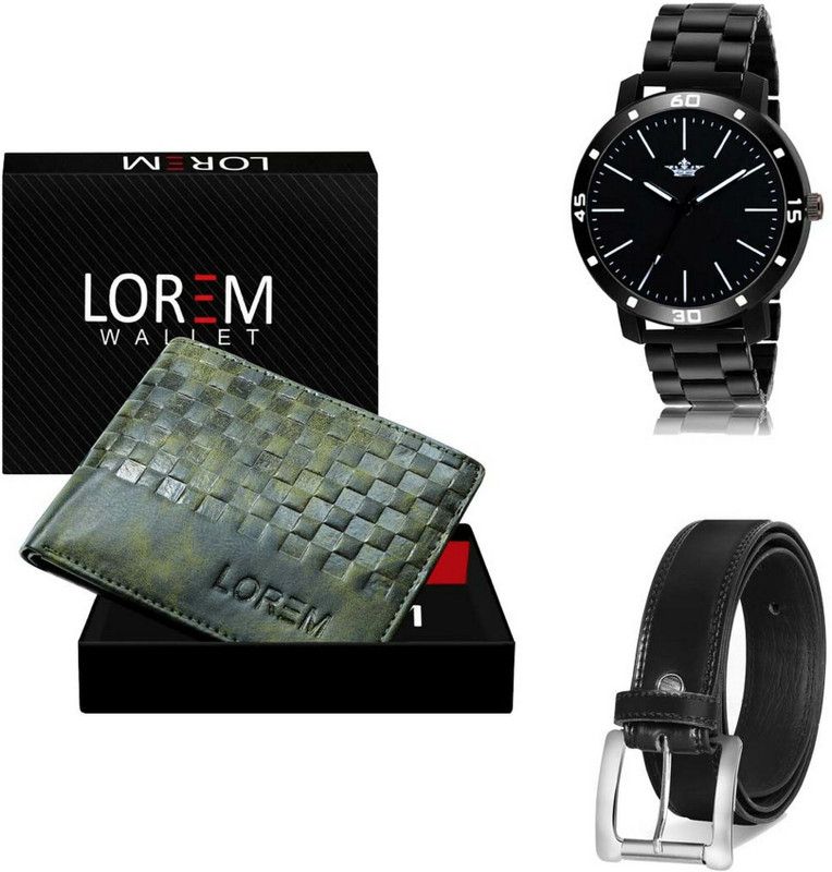 LOREM Belt, Wallet & Watch Combo  (Green, Black, Black)