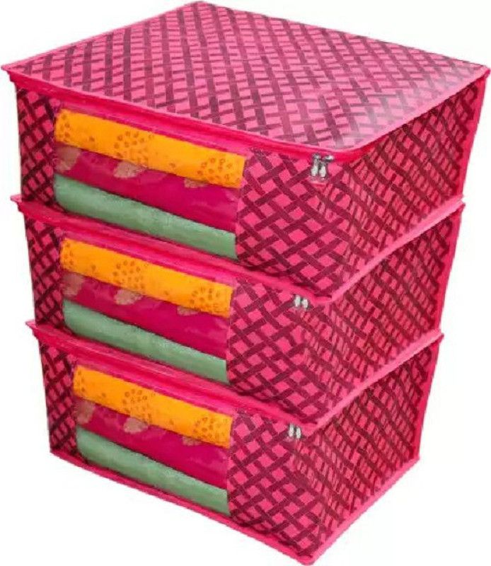 agarwal traders Organizers for Wardrobe Red Check Printed ( Pack Of 3 ) Saree Cover Storage Bags for Clothes with primum Quality Saree Cover (Red)  (Red)