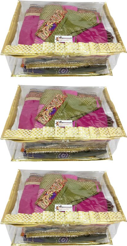 Shree Shyam Products Golden Transparent Frill Box Saree Cover Set of 3 PCS Capacity of 5 Sarees (SS-114_3 PCS)  (Gold)