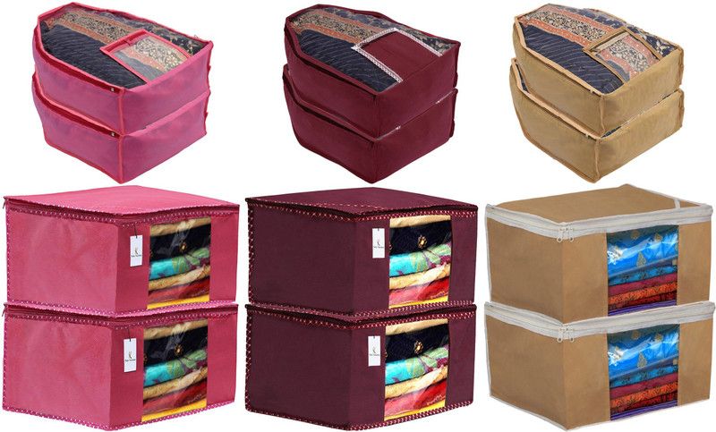 KUBER INDUSTRIES Designer Non Woven 6 Pieces Saree Cover/Cloth Wardrobe Organizer and 6 Pieces Blouse Cover Combo Set (Pink & Maroon & Brown) CTKTC045409  (Pink & Maroon & Brown)