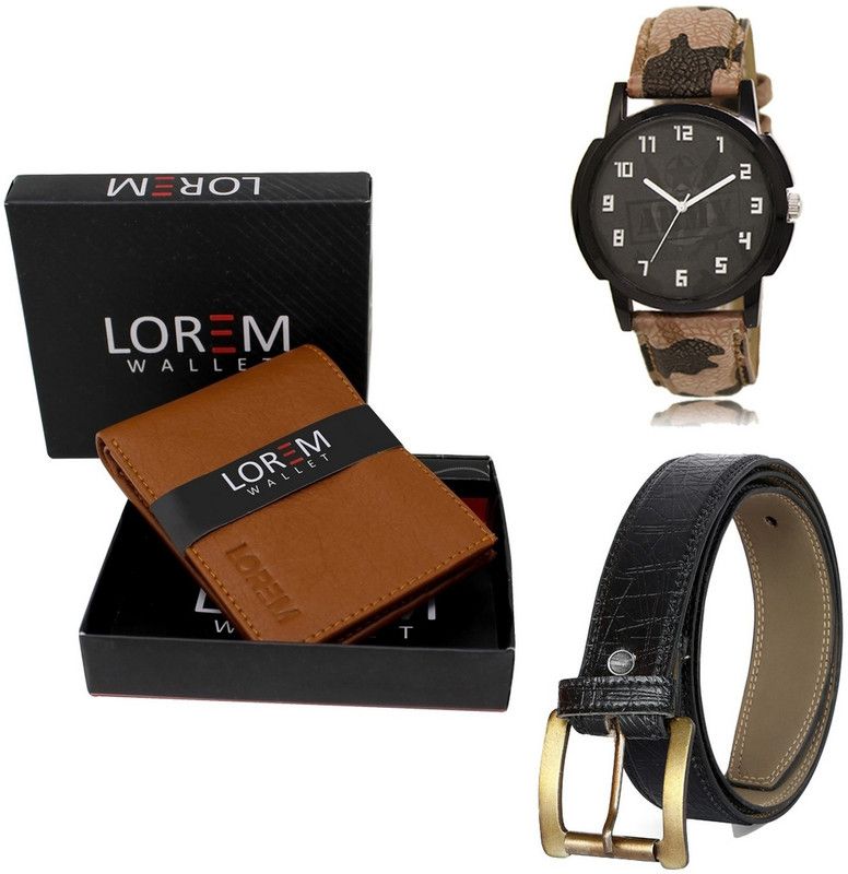 LOREM Belt, Wallet & Watch Combo  (Tan, Black, Multicolor)