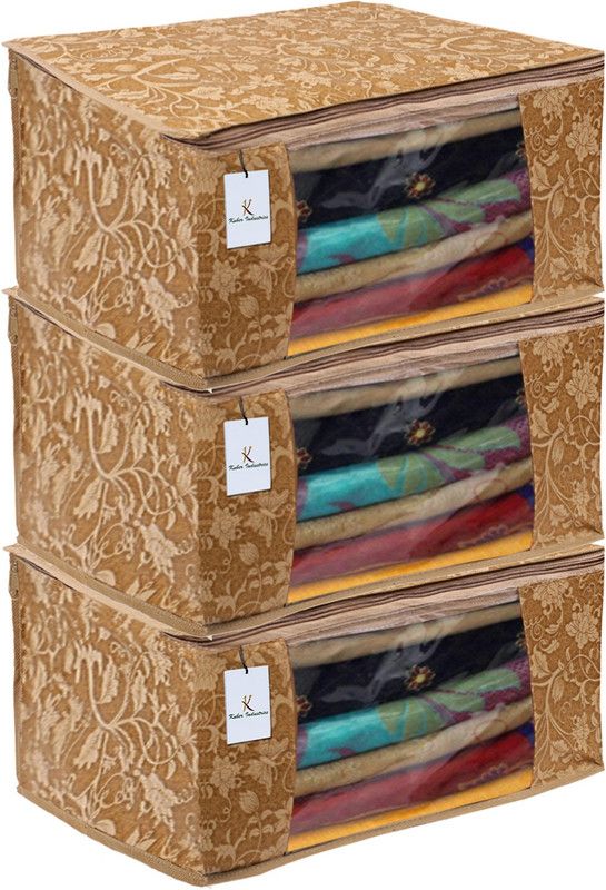 KUBER INDUSTRIES Metalic Flower 3 Piece Non Woven Saree Cover Set, Beige,Large Size CTKNEW250  (Beige)