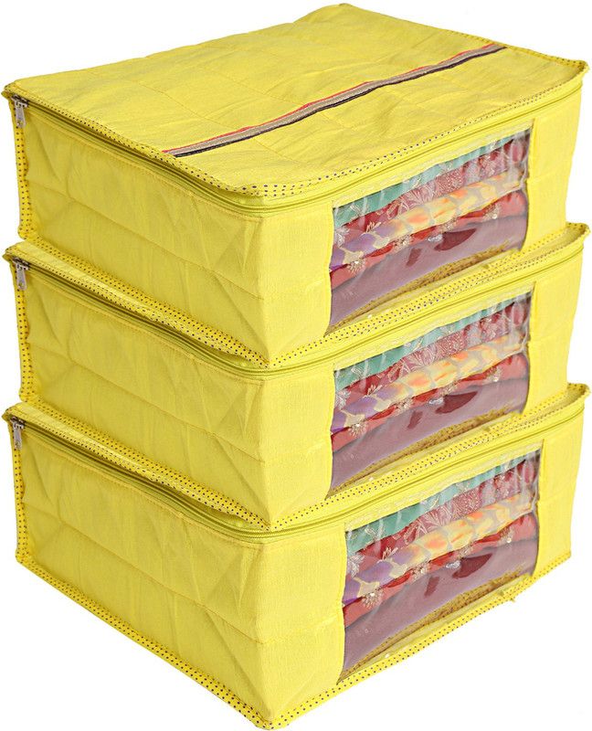 KUBER INDUSTRIES Saree cover 3 Pieces Raw Silk Saree Cover Wardrobe Organizer (Yellow)-CTKTC2837 CTKTC03237  (Yellow)