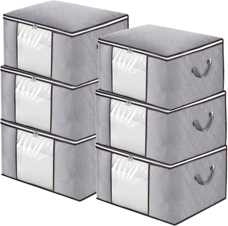 ARVANA Blanket Organizer Blanket Cover Bags Storage Organizer Garment Cover Closet Organiser for Clothes & Bedsheet Storage in Wardrobe (Grey - Pack of 6)  (Grey)