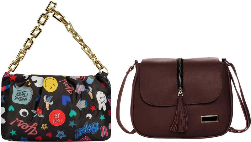 Black, Brown Sling Bag HB-98-blk-smly+drk-brwn-cnter-chain-sider-bag-cmbo  (Pack of 2)