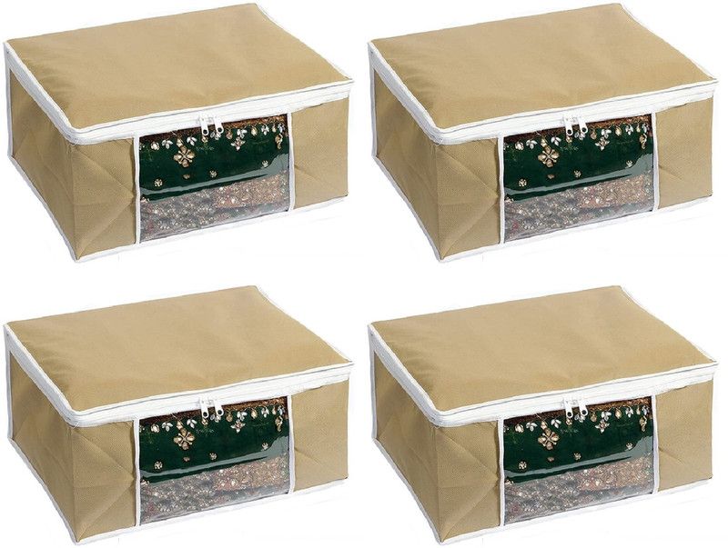 Non Woven Saree Cover Cloth Storeage / Organizer With Transparent Window For Wardrobe Lehenga, Suit, Dress,& Accessories | Transparent Window Saree Cover With Zipper (Pack of 4)  (Beige)