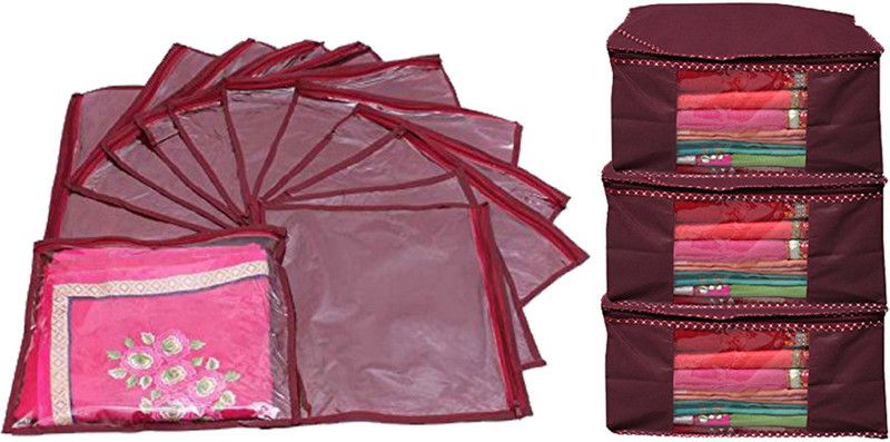 KUBER INDUSTRIES Designer Saree Cover Combo 3 Pcs Set And Single Packing Saree Cover 12 Pcs Set (Maroon) COMBHATHKADI20  (Maroon)