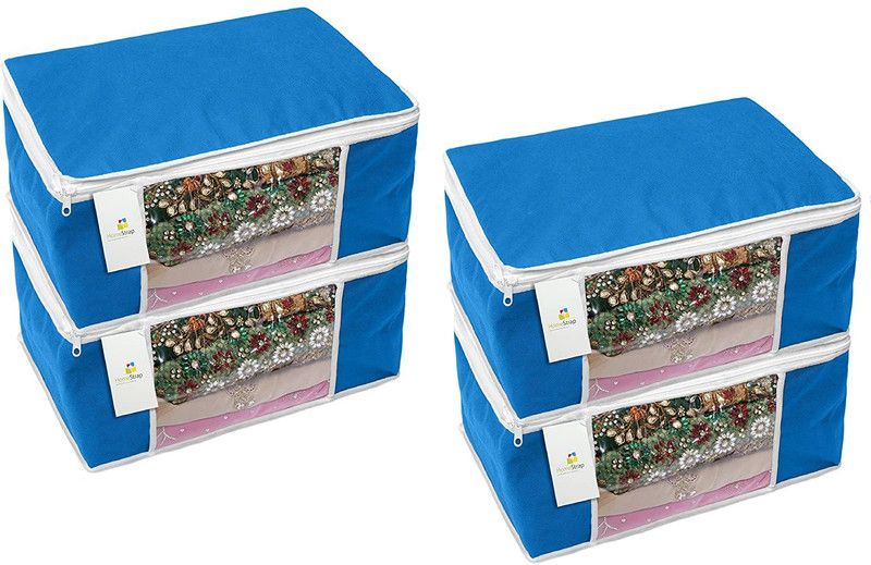 HomeStrap Home Storage Non Woven Storage Bag/ Organiser/ Saree Cover With Window ( 90 Gsm Fabric) - Blue - Set Of 4 Storage Bag  (Blue)