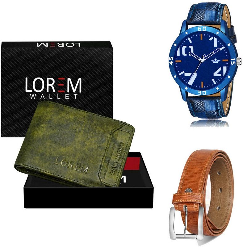 LOREM Belt, Wallet & Watch Combo  (Green, Tan, Blue)