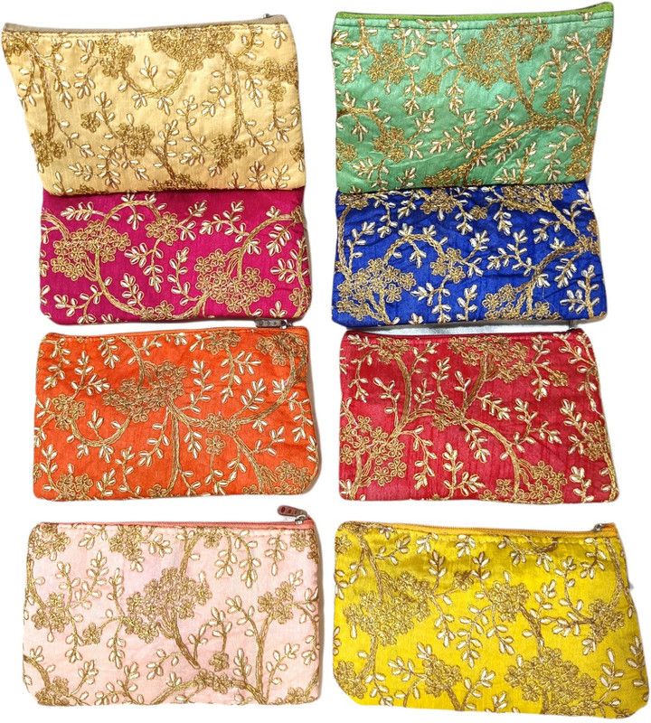 Shree Shyam Products Embroidered Jari Silk Pouch 8 Pcs, Envelopes Bag, Pouch Bag, Ethnic Purse for Event, Casual Travel Toiletry Kit  (Multicolor)