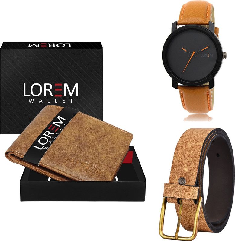 LOREM Belt, Wallet & Watch Combo  (Beige, Beige, Orange)