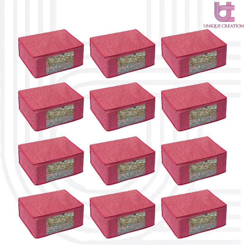 Storage organiser for wardrobe Cotton Saree Organizer For Wardrobe Storage Saree Covers Storage Bags For Closet Organiser with Transparent Window { Pack Of 12, Pink }  (Pink)