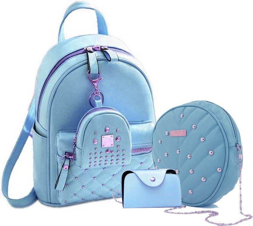 Small 12 L Backpack Cute Backpack with Round Slinng Bag/Purse for Women (Set of 3)  (Blue)