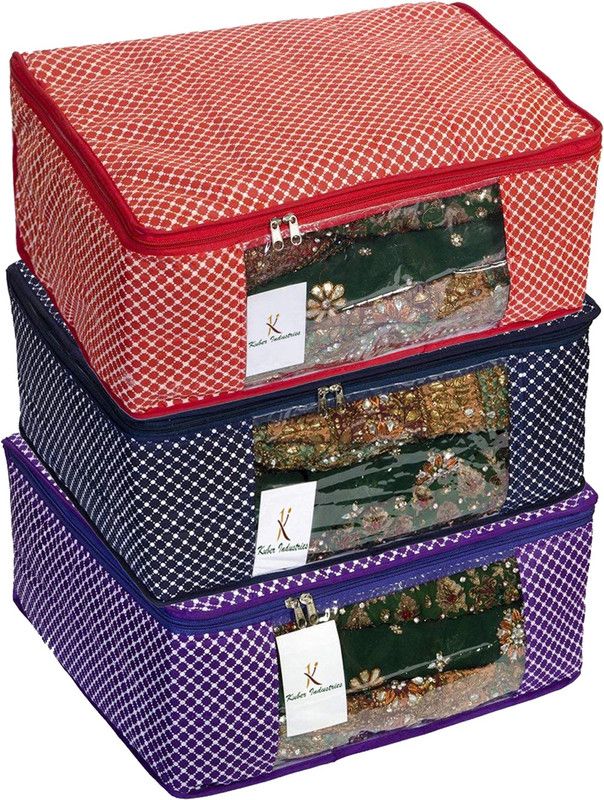 KUBER INDUSTRIES Polka Dots Cotton 3 Pcs Hathkadi Print Saree Cover (Red, Dark Blue & Purple) CTKTC2026 CTKTC02026  (Multicolor)