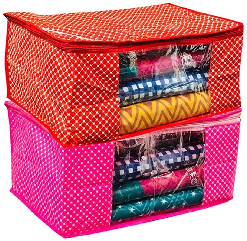 KUBER INDUSTRIES Designer Cotton 3 Layered Quilted Saree Cover Set of 2 Pcs (Pink+Red) COMBHATHKADI26  (Multicolor)