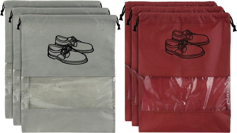 KUBER INDUSTRIES Designer 6 Piece Non Woven Travel Shoe Organizer Space Saving Fabric Storage Bags Organizer (Grey & Maroon)-KUBMART950 KUBMART0950  (Grey & Maroon)